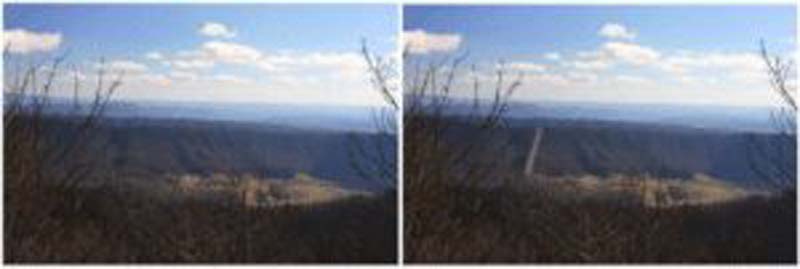 (Left) Kelly Nob on the Appalachian Trail north of Newport, VA (Right) Simulated Effect of Pipeline Crossing The Appalachian Trail at Kelly Nob. CREDIT HILL STUDIOS & APPALACHIAN TRAIL CONSERVANCY